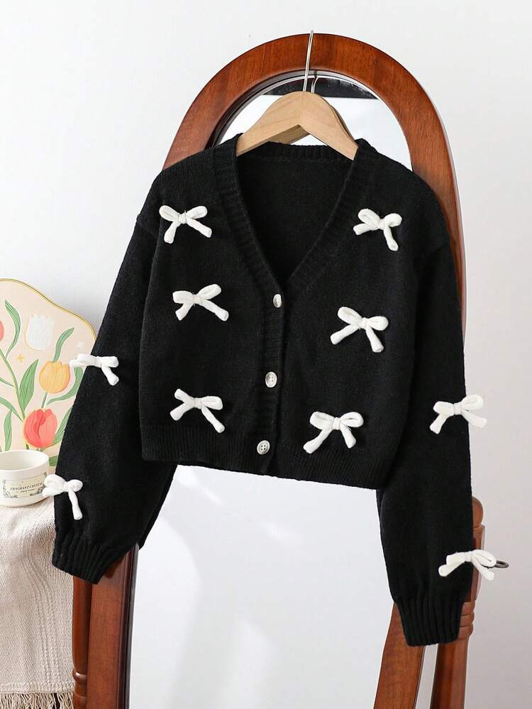 SHEIN Tween Girl Beige Casual Chic Fashionable Cute Soft Simple Warm Versatile Elegant 3D Bow Knit Cardigan, Suitable For Home, Everyday, School, Outdoor, Party, Autumn & Winter | SHEIN