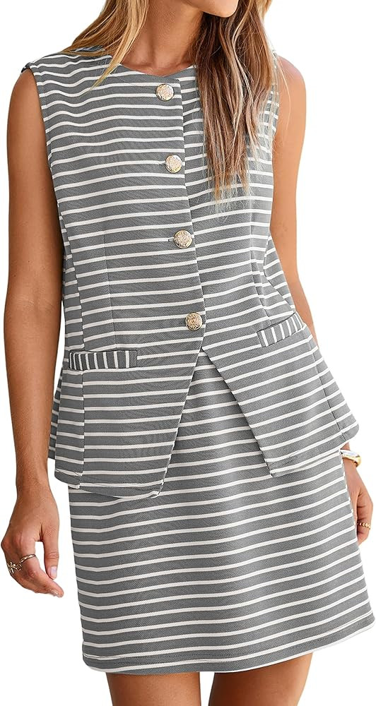 Simplee Women's Summer 2 Piece Outfits 2026 Striped Sleeveless Matching Sets Button Down Vest Wai... | Amazon (US)