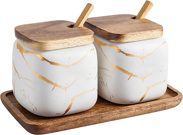 2 Sets of Marble Ceramic Sugar Bowl Ceramic Seasoning Jars with Wooden Lid and Wooden Spoon(White... | Amazon (US)