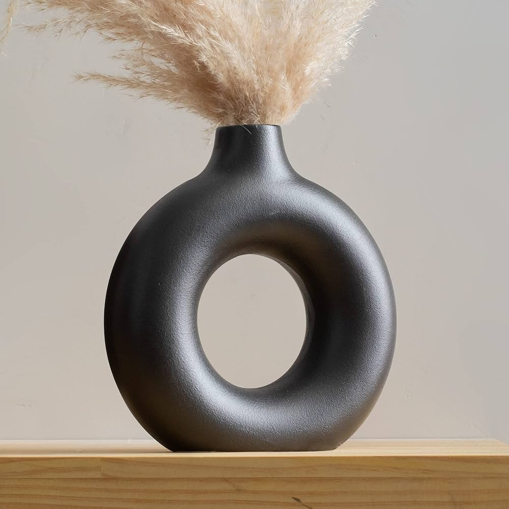 Modern Vases for Home Decor, Circle Vase with Hole, Vase for Pampas Grass, 9-in Black Vase, Donut... | Amazon (US)