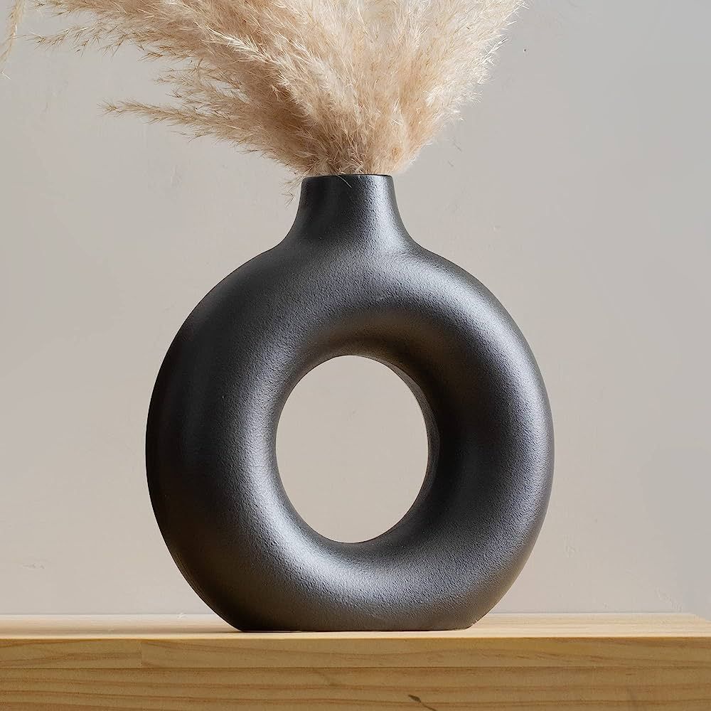 Modern Vases for Home Decor, Circle Vase with Hole, Vase for Pampas Grass, 9-in Black Vase, Donut... | Amazon (US)