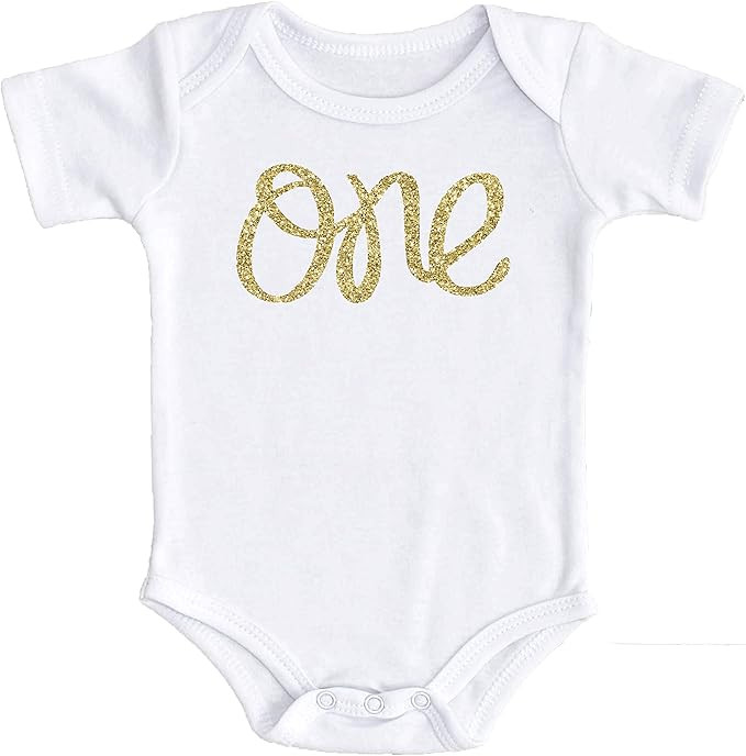 Olive Loves Apple Baby Girls First Birthday Bodysuit Sparkly Gold One Girls 1st Birthday Outfit | Amazon (US)