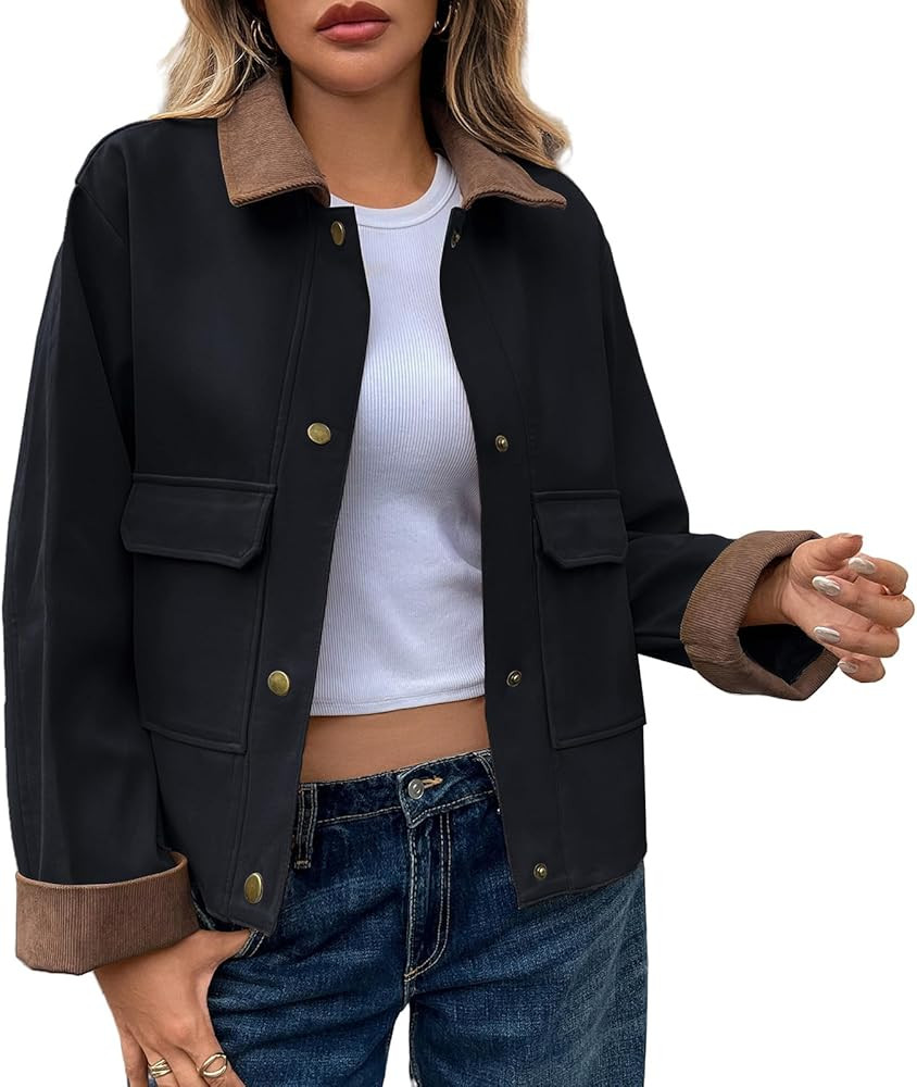 Oymyakon Women Cropped Jacket Contrast Collar Utility Coat Button Down Barn Jacket Fall Casual Ca... | Amazon (US)