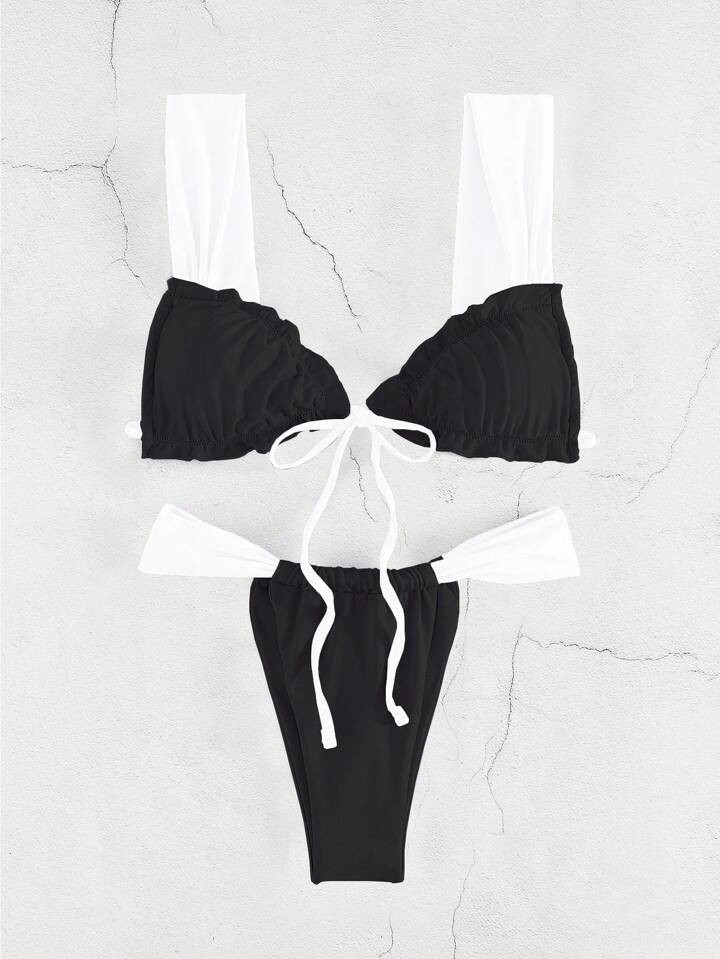 New Arrival Sexy Colorblock Bikini Set, Ladies' Tie Side Bottom Bathing Suit With Flounce Trim | SHEIN