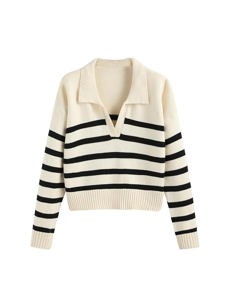CIDER Women’s Polo Sweater Striped Collared Lightweight Long Sleeve V Neck Pullover Fall Sweate... | Amazon (US)