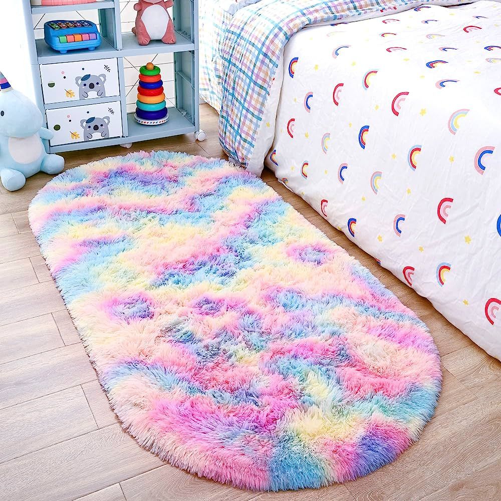 Noahas Oval Fluffy Rainbow Rug 2.6X5.3 Small Kids Rugs for Bedroom Girls Aesthetic,Bedside Bedroo... | Amazon (US)