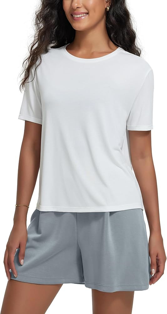 ODODOS Modal Soft Short Sleeve Shirts for Women Crew Neck Yoga Tee Casual Workout Tops | Amazon (US)