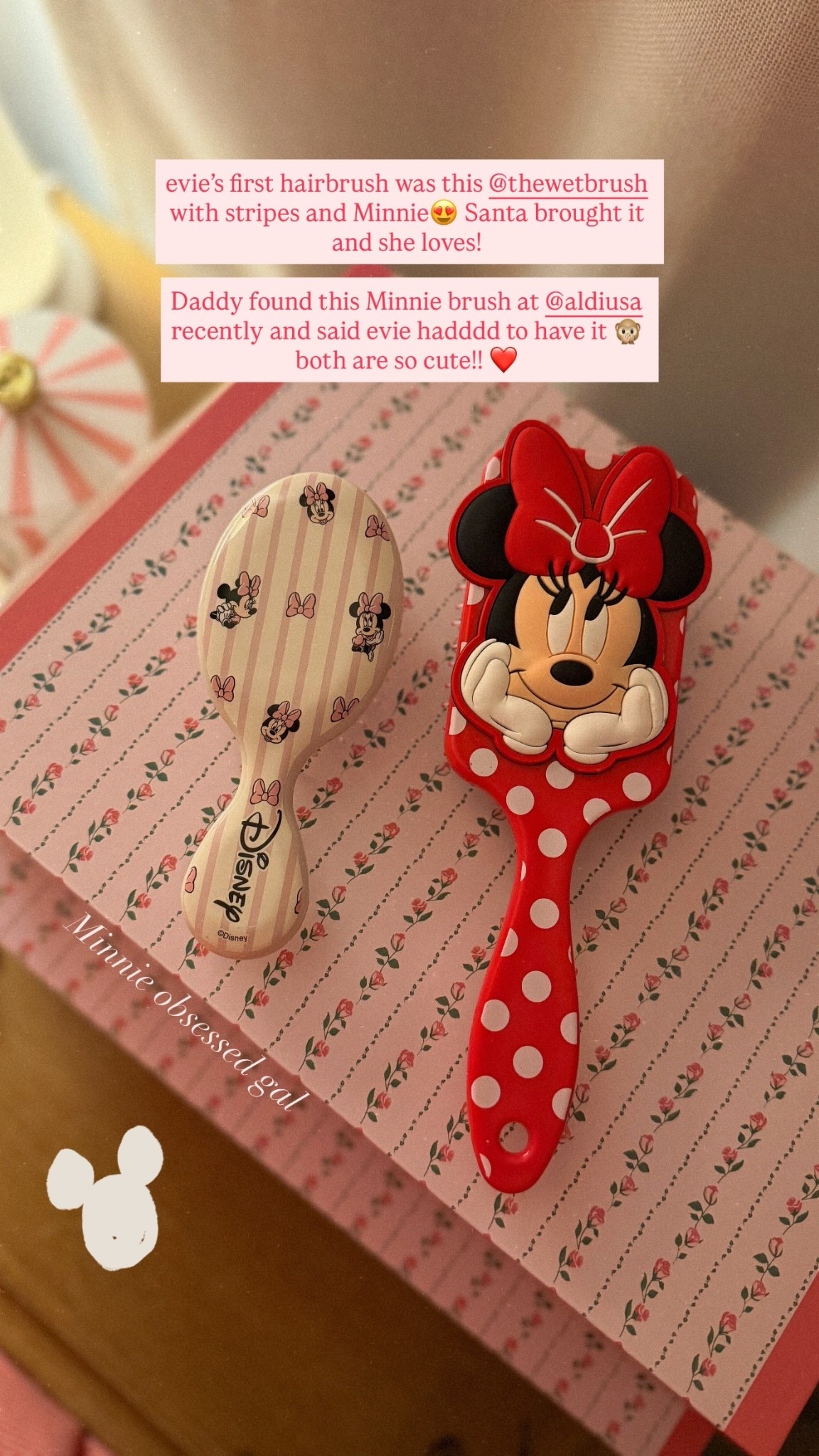 evie’s first hairbrush was this @thewetbrush with stripes and Minnie😍 Santa brought it and she loves! 

Daddy found this Minnie brush at @aldiusa recently and said evie hadddd to have it 🙊 both are so cute!! ❤️ Minnie obsessed gal