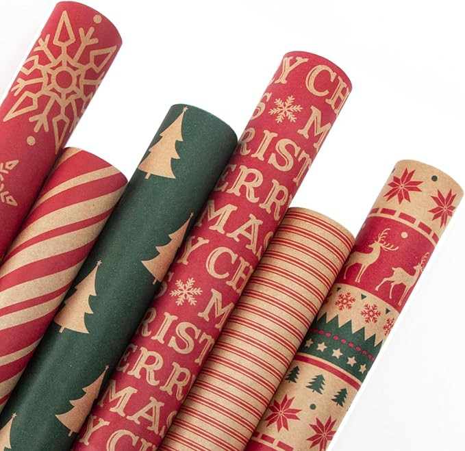 Ribbli Christmas Wrapping Paper - Kraft Paper with Snowflake/Tree/Red Stripe/Merry Christmas Patt... | Amazon (US)