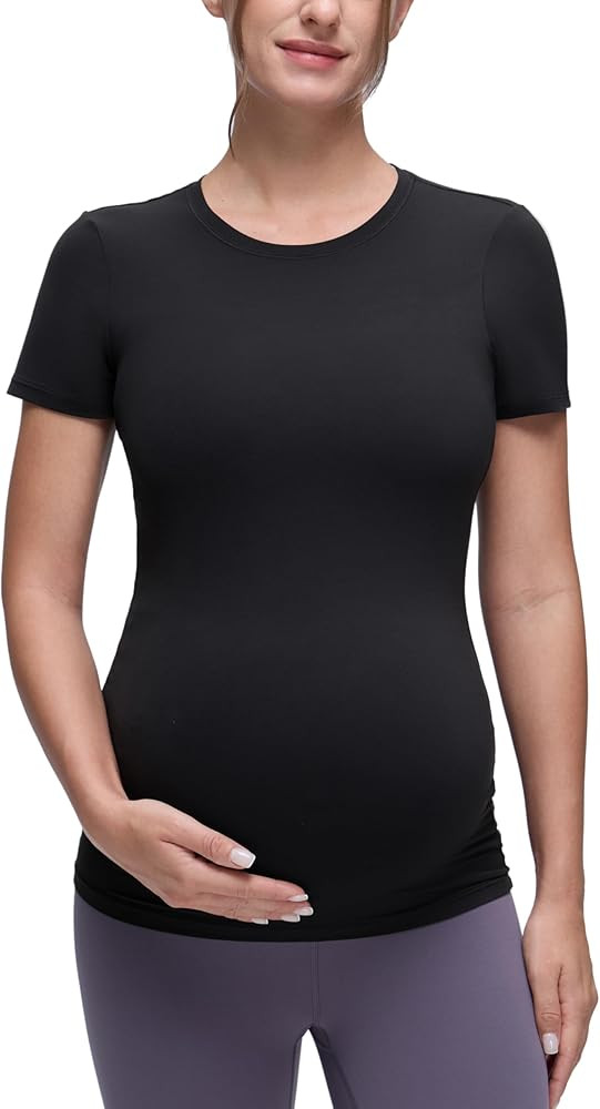 CRZ YOGA Softembrace Maternity Crewneck Short Sleeve Shirts - Soft Casual Pregnancy Tops Going Ou... | Amazon (US)