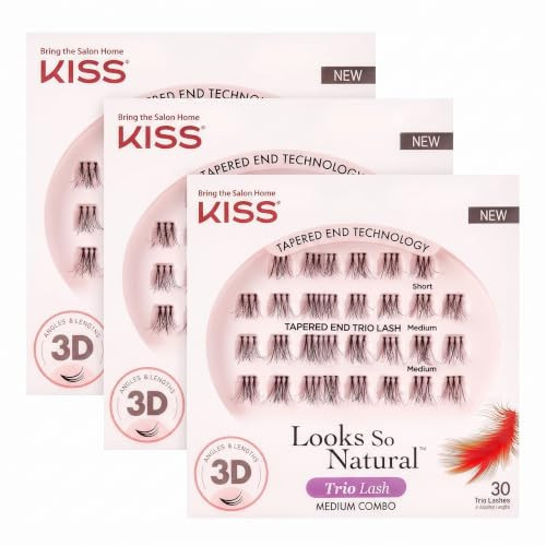 KISS Looks So Natural Trio Lash Medium Combo Pack, False Eyelashes with Tapered End Technology, 3D Lengths & Angles, Easy Grip Tray with Built-In Glue Pocket, 30 Trio Lashes in Short & Medium Lengths | Amazon (US)