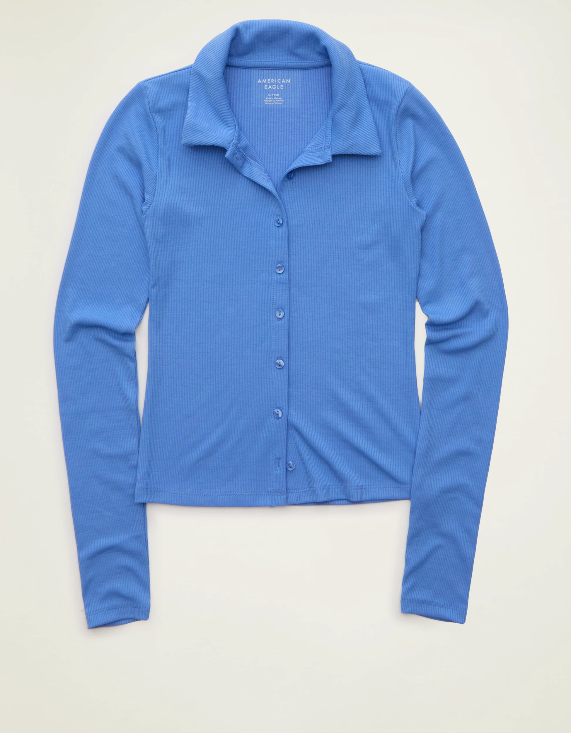 AE Button-Up Long-Sleeve Polo Shirt | American Eagle Outfitters (US & CA)