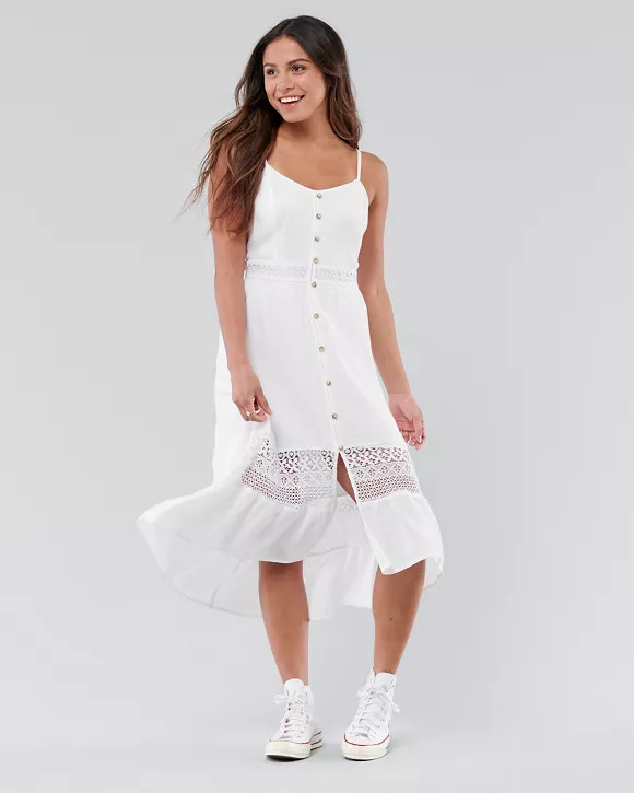 Button-Front Ruffle-Hem Midi Dress | Hollister (US)