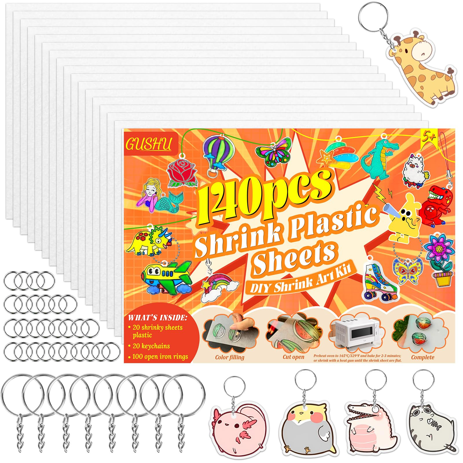 Gushu 140PCS Shrinky Plastic Sheets Kit, Shrink Paper Keychain Kit with 20PCS Shrink Paper 120PCS... | Amazon (US)