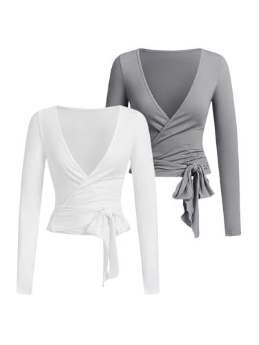 SweatyRocks Women's Pilates Outfits Wrap Tops Ballet Yoga Coquette Shirt Cute Long Sleeve Workout Activewear White and Grey X-Small | Amazon (US)