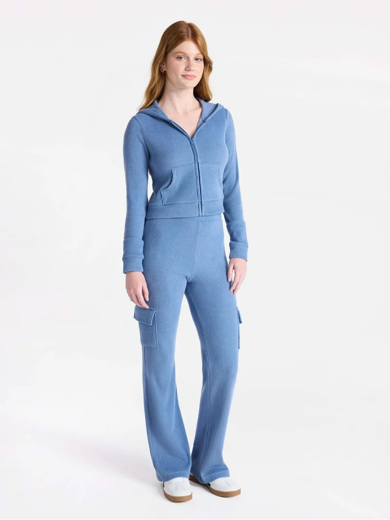 No Boundaries Brushed Ribbed Zip-Up Hoodie and Flare Pants Set, 2-Piece, Women's | Walmart (US)