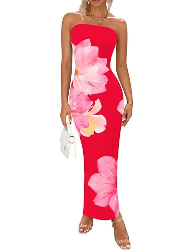 PRETTYGARDEN Women Summer Strapless Maxi Dress Bodycon Floral Sexy Long Wedding Guest Dress Formal Tube Mesh Cocktail Dresses(Red Pink Flower,Large) | Amazon (US)