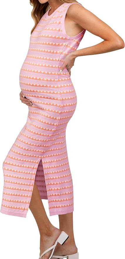 OUGES Women's 2026 Summer Maternity Dress Knit Sleeveless Crewneck Midi Dress Side Slit Striped B... | Amazon (US)