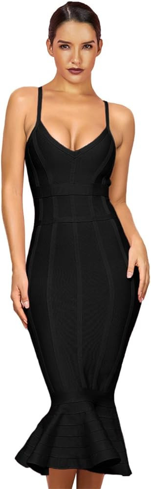 Maketina Women's Mermaid Spaghetti Strap V Neck Bodycon Midi Cocktail Bandage Dress | Amazon (US)
