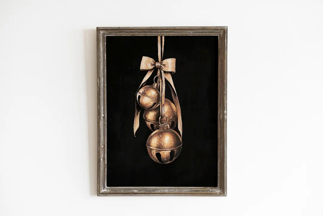 Christmas Jingle Bells Print: Black and Gold Vintage Wall Art | Etsy (US)
