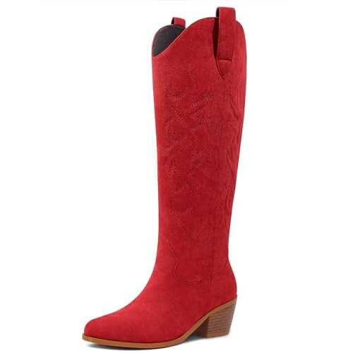 Ouepiano Cowboy Boots for Women Red Knee High Cowgirl Boots Chunky Heel Pointed Toe Long Tall Western Boot Pull On (Red, Size 7.5) | Amazon (US)