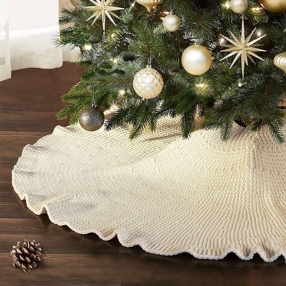 NIBESSER Knit Tree Skirt Ruffled 48 inch Ivory Christmas White Knitted Tree Mat, Holiday Burlap T... | Amazon (US)