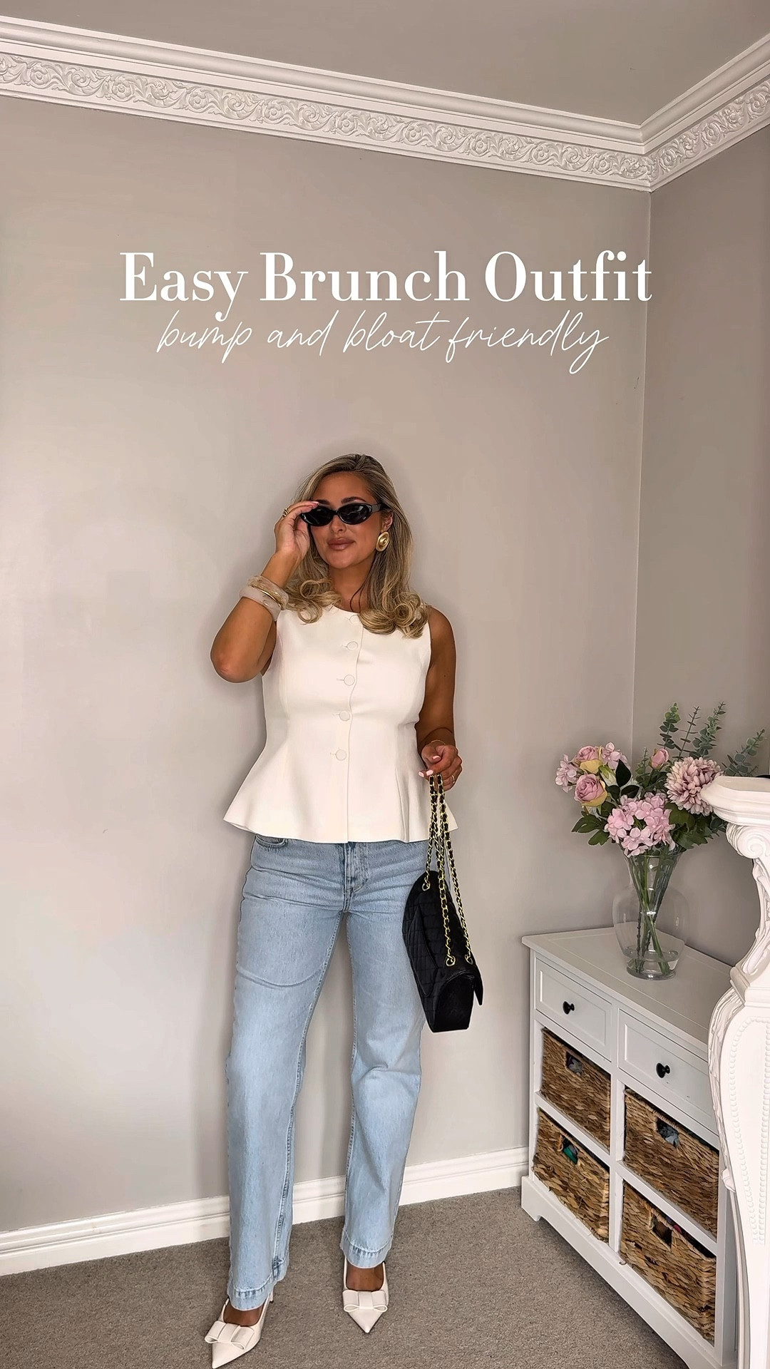 Brunch outfit, jeans, pregnancy jeans, mid rise jeans, blue jeans, dressy jeans, white heels, waistcoat, summer outfit, casual outfit, maternity, midsizee

#LTKmidsize #LTKmaternity #LTKsummer