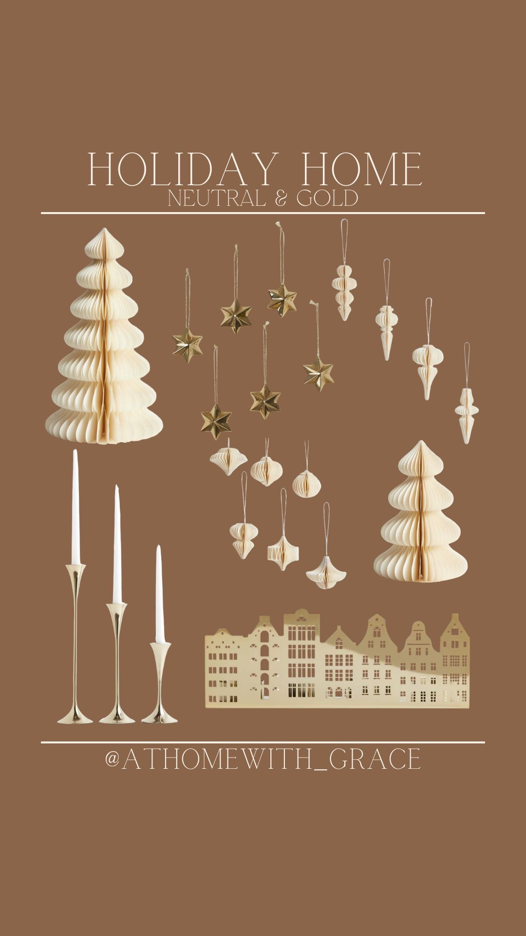 A neutral Christmas vibe. Paper ornaments. Paper trees. Cream Christmas decorations. Gold candlesticks. Gold star ornaments. Tea light Christmas candle

#LTKHome #LTKSeasonal