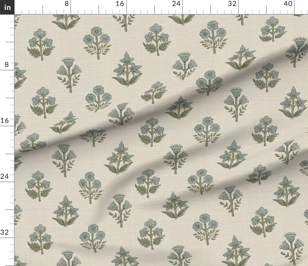 Fabric in Mughal-flowers-block print neutral-French country linen texture | Spoonflower
