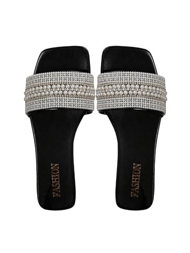 GORGLITTER Women's Pearl Decor Flat Sandals Open Toe PU Leather Slide Sandals Black 7.5 | Amazon (US)