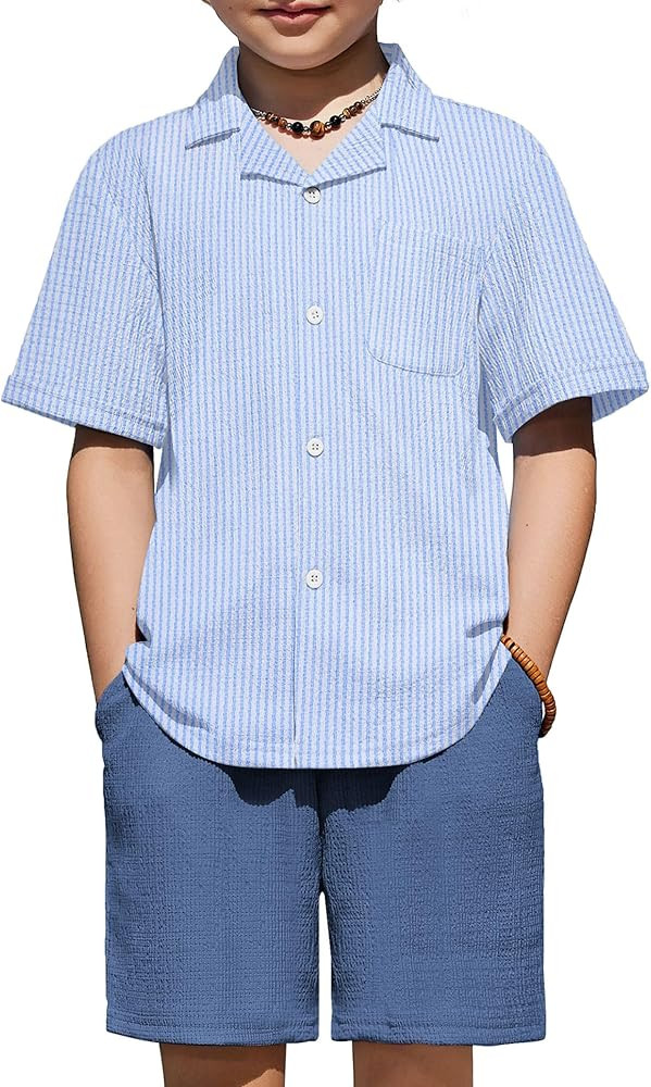 Arshiner Boys' 2-Piece Ribbed Textured Outfits Short Sleeve Cuban Collar Shirt & Shorts Set Summe... | Amazon (US)