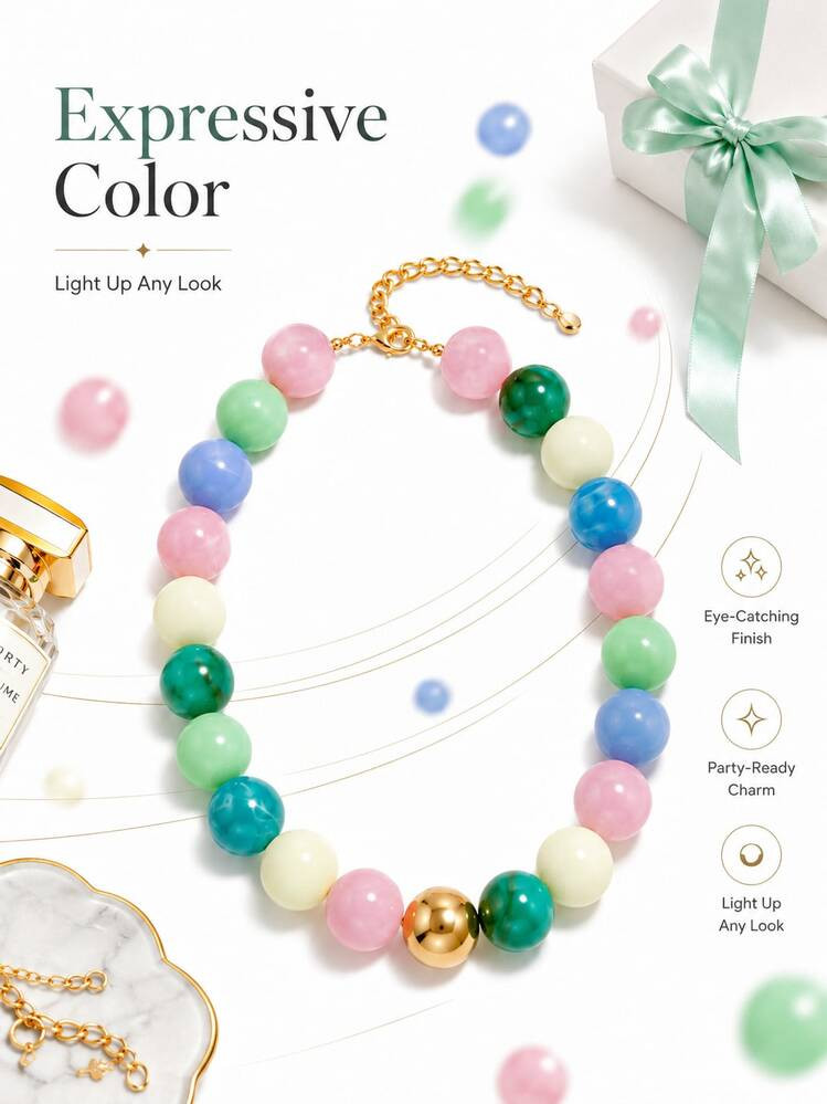Colorful Bead Necklace For Women, Bold Round Bead Choker Style, Adjustable Chain Accent, Casual P... | SHEIN
