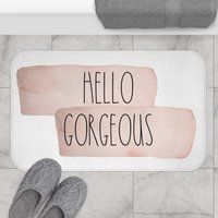 Cute Bath Mats & Rugs, Rae-Dunn Inspired, Hello Gorgeous White Blush Pink, Text Saying, Water Resist | Etsy (US)
