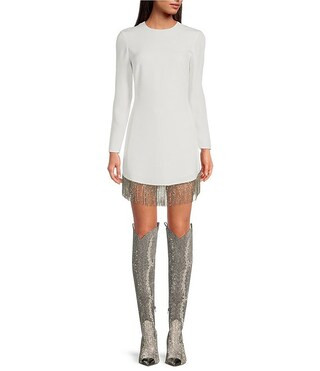 Sage Rhinestone Fringe Crew Neck Long Sleeve Crepe Dress | Dillard's