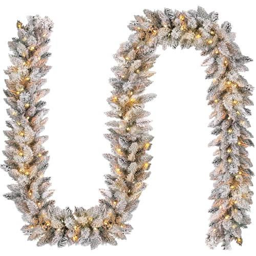 KOIUEYW 9 FT Flocked Garland - with Lights,Snow Flocked Christmas Garland,Glittered Frosted Garland for Mantle with Warm White LED Light for Indoor Mantle Outdoor Door Decorations, 9 FT | Amazon (US)