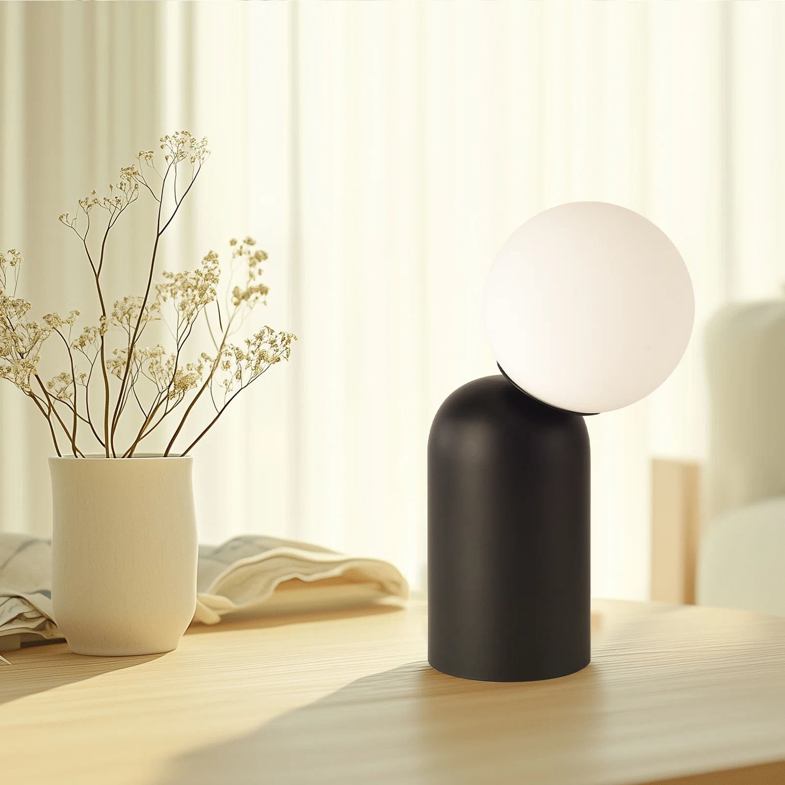 12.6" Art Deco Table Lamp with Black Base & Moon Glass Shade | Wayfair North America