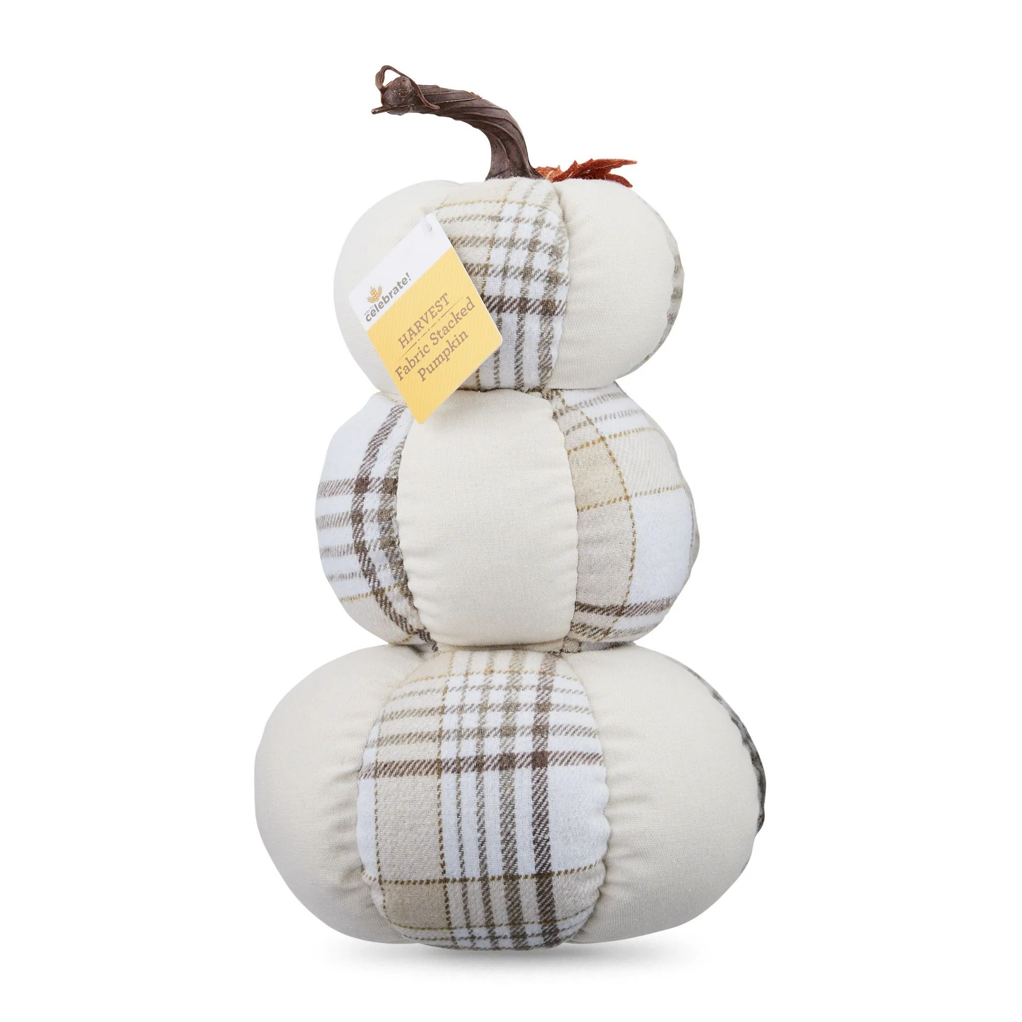 13.5 in Cream Plaid Stacked Fabric Pumpkins Harvest Tabletop Decoration, Way to Celebrate | Walmart (US)