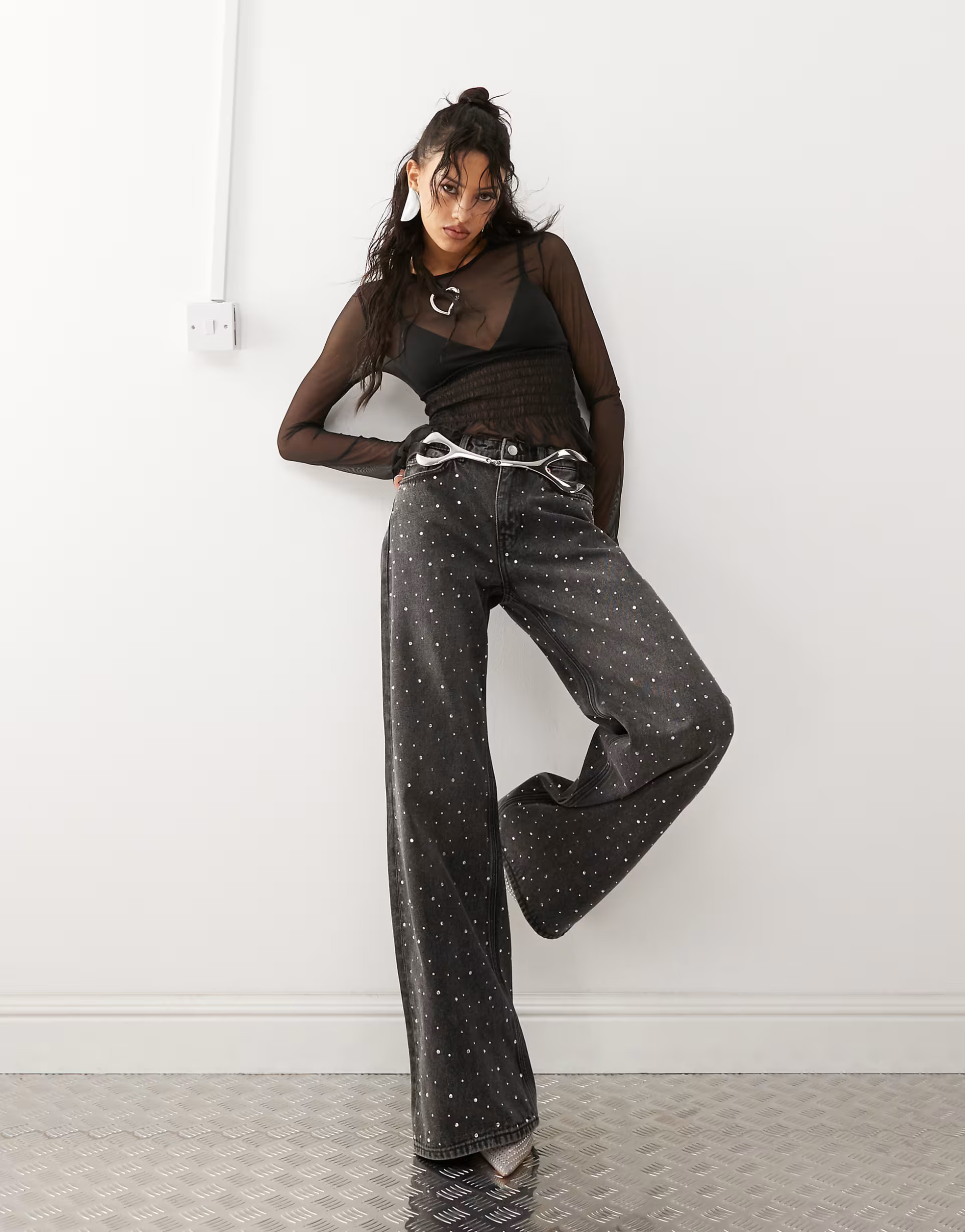 Monki Paz mid waist loose wide leg embellished jeans in black | ASOS | ASOS (Global)