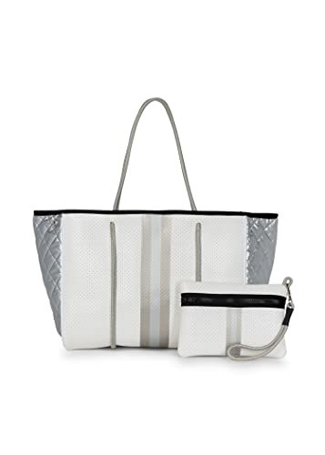 Haute Shore - Greyson Vapor Neoprene Tote Bag w/Zipper Wristlet Inside, White Coated W/Silver & Rosegold Stripe, One_Size | Amazon (US)