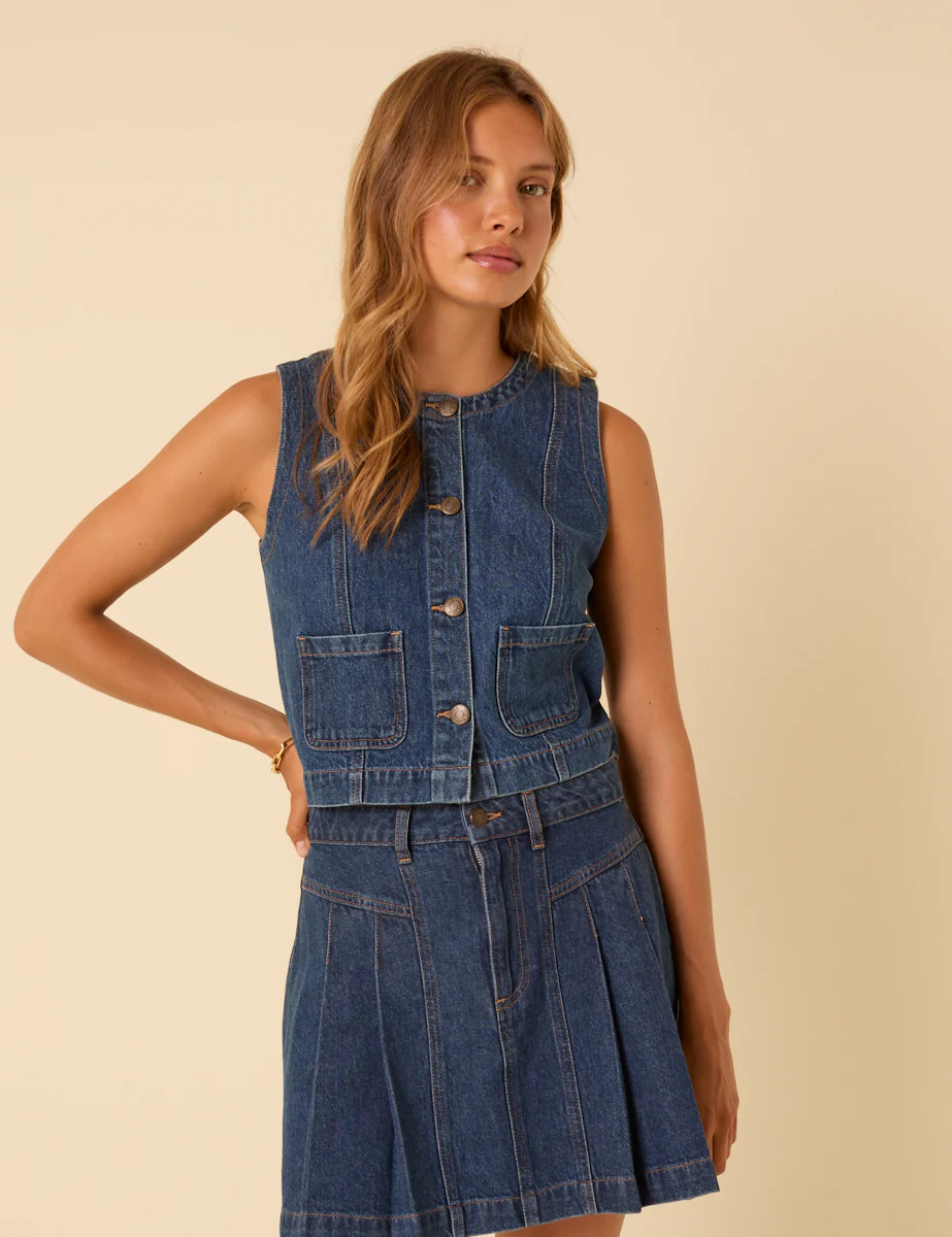 Dark Blue Denim Crew Neck Waistcoat | Nobody's Child