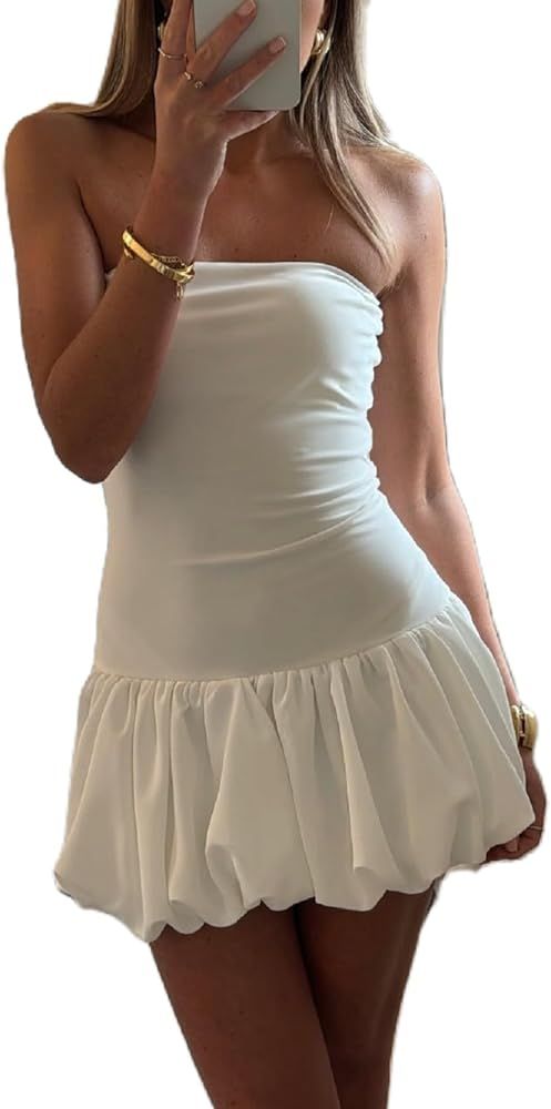 Women Sexy Strapless Mini Dress Sleeveless A Line Bubble Short Dress Ruffle Hem Y2k Party Club Dr... | Amazon (US)
