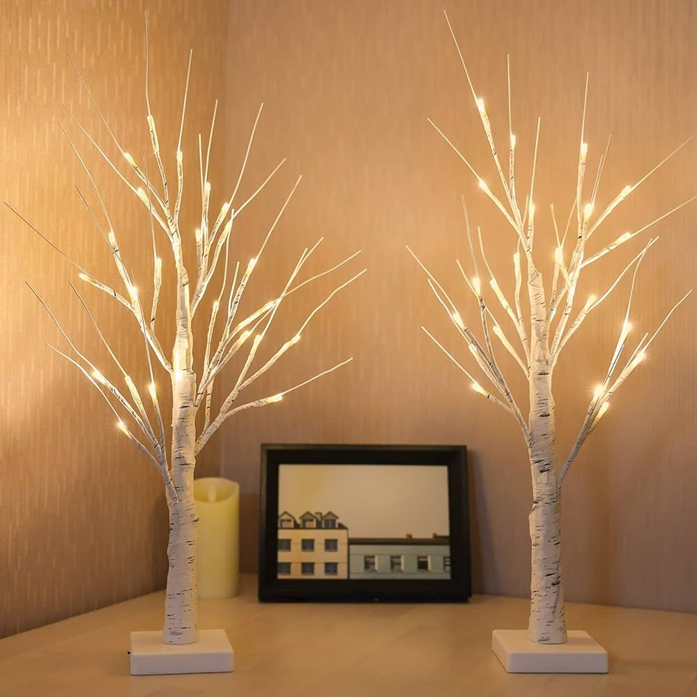 2-Pack 2FT Lighted Birch Tree for Home Decor, Birch Christmas Tree with 48 LED Lights, Battery Op... | Amazon (US)