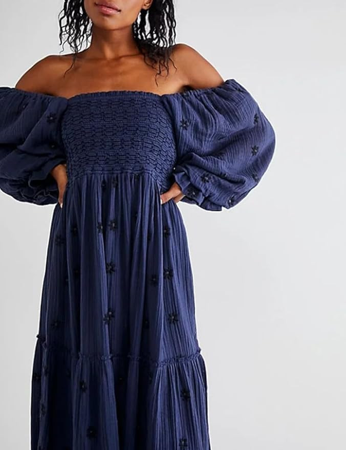 Women Floral Embroidered Maxi Dress Long Puff Sleeve Square Neck Bohemian Flowy Dress with Pocket... | Amazon (US)