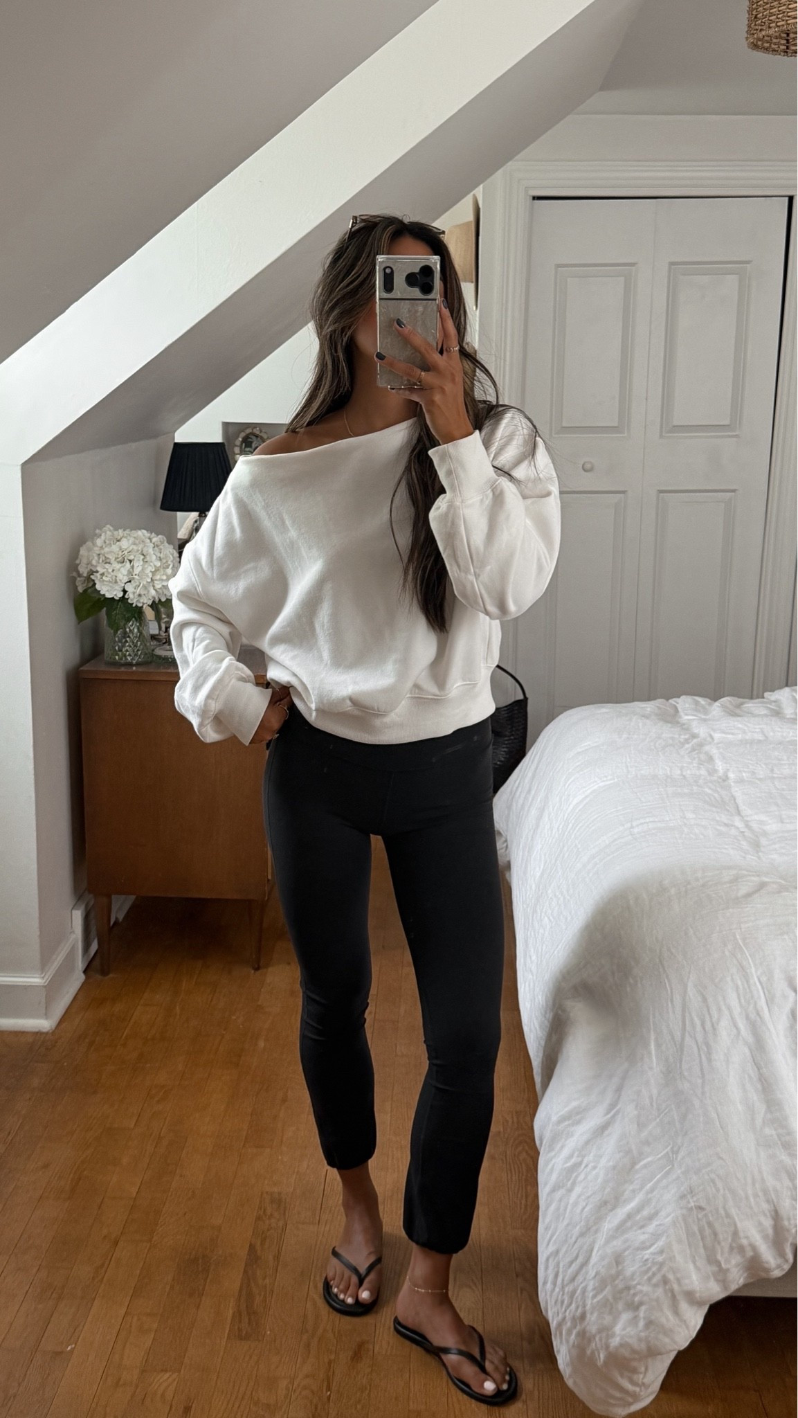 Very comfy casual outfit. Love this off the shoulder sweatshirt + these leggings! they have a little elastic hem to create a little bubble/flare. A great alternative to a regular legging!

#LTKootd #LTKmomlife #LTKgrwm
