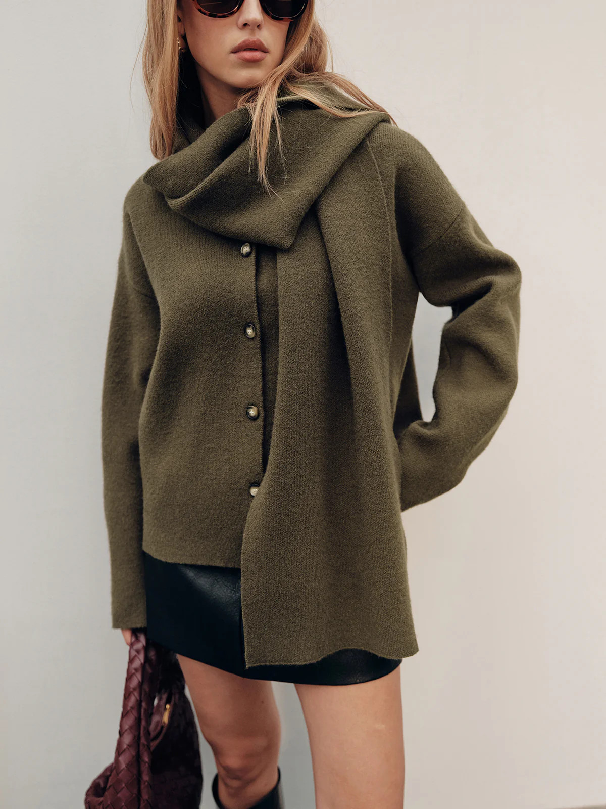 Button-Front Knit Cardigan with Scarf Detail | Commense