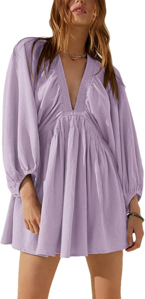 Women's Sexy Long Sleeve V Neck Tunic Dress Casual Loose Flowy Mini Swing Shift Dresses | Amazon (US)