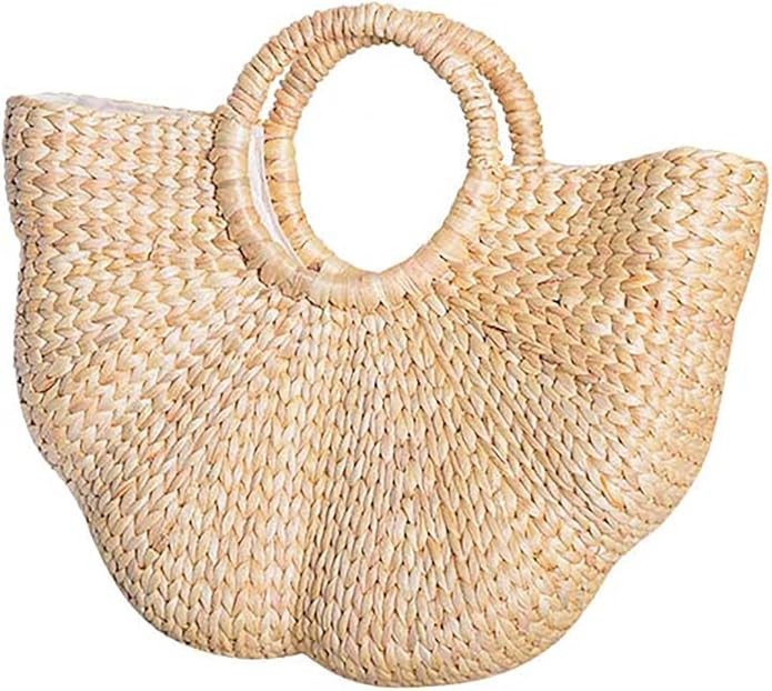 Straw Tote Bag for Women Handmade Straw Rattan Woven Handbag Summer Beach Bag Moon Shape Tote Bag... | Amazon (US)