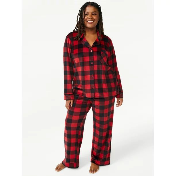 Joyspun Women's Velour Knit Pajama Set, 2-Piece, Sizes up to 3X | Walmart (US)