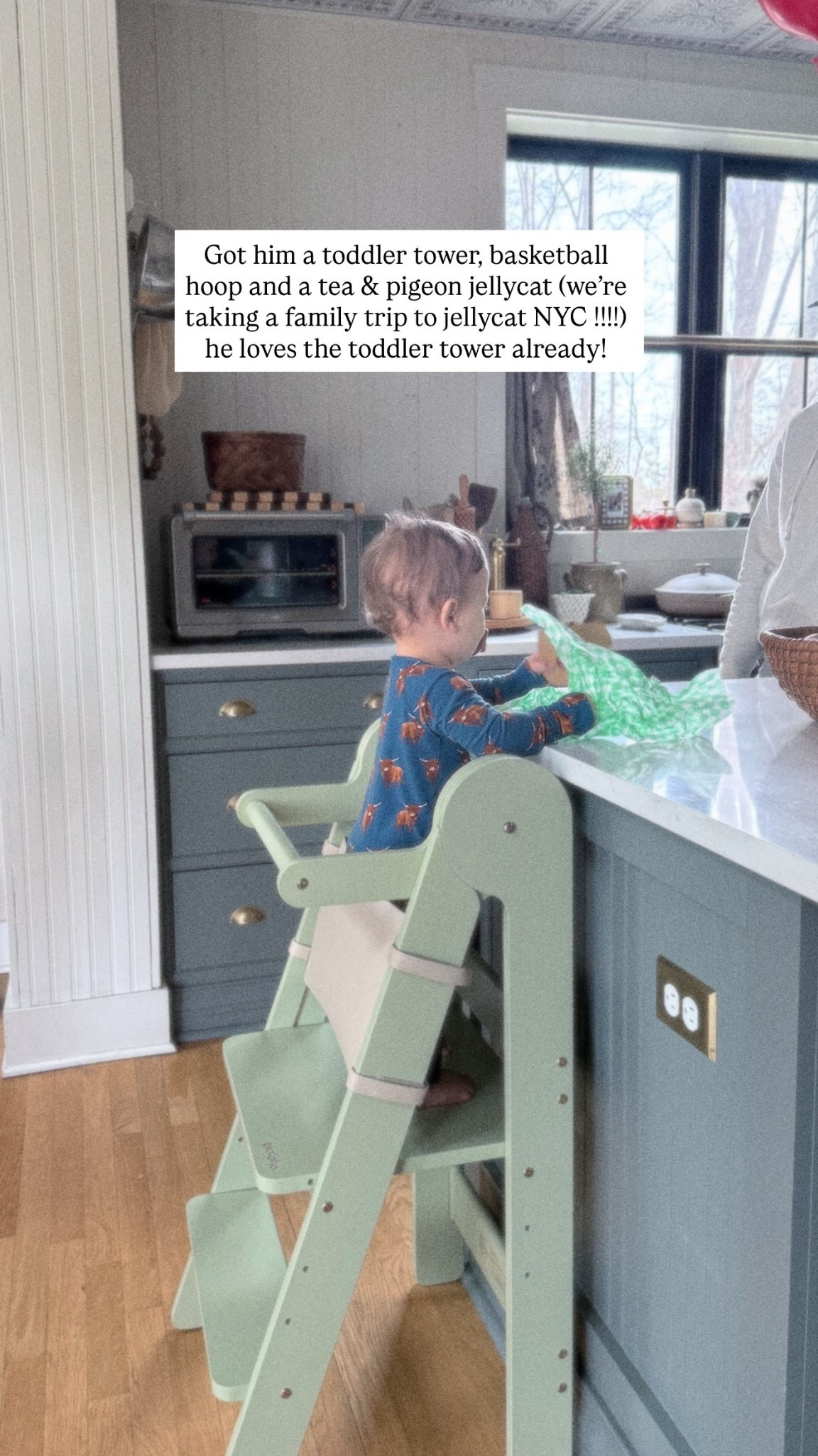 Got him a toddler tower, basketball hoop and a tea & pigeon jellycat (we’re taking a family trip to jellycat NYC !!!!) he loves the toddler tower already!