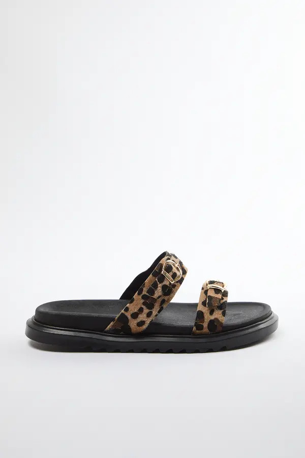 Leopard Doppelschnalle Braun Dicke Sohle Damen Hausschuhe TAKAW25TE00009 | Trendyol DE